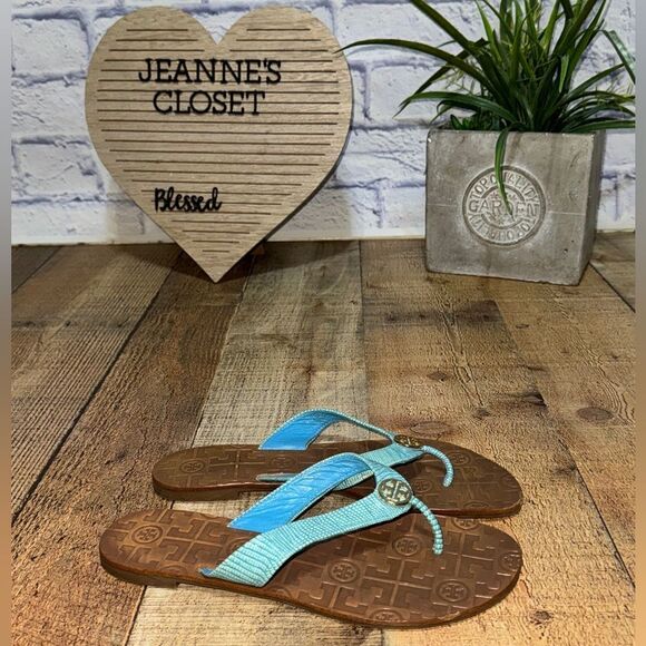 Tory Burch Blue Patent THORA Gold Logo Flip Flop Sandal US 7 M - Picture 7 of 14